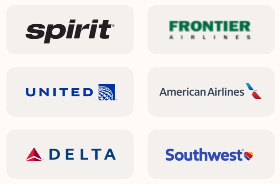 Approved airlines including Spirit, Frontier, United, American Airlines, Delta and Southwest