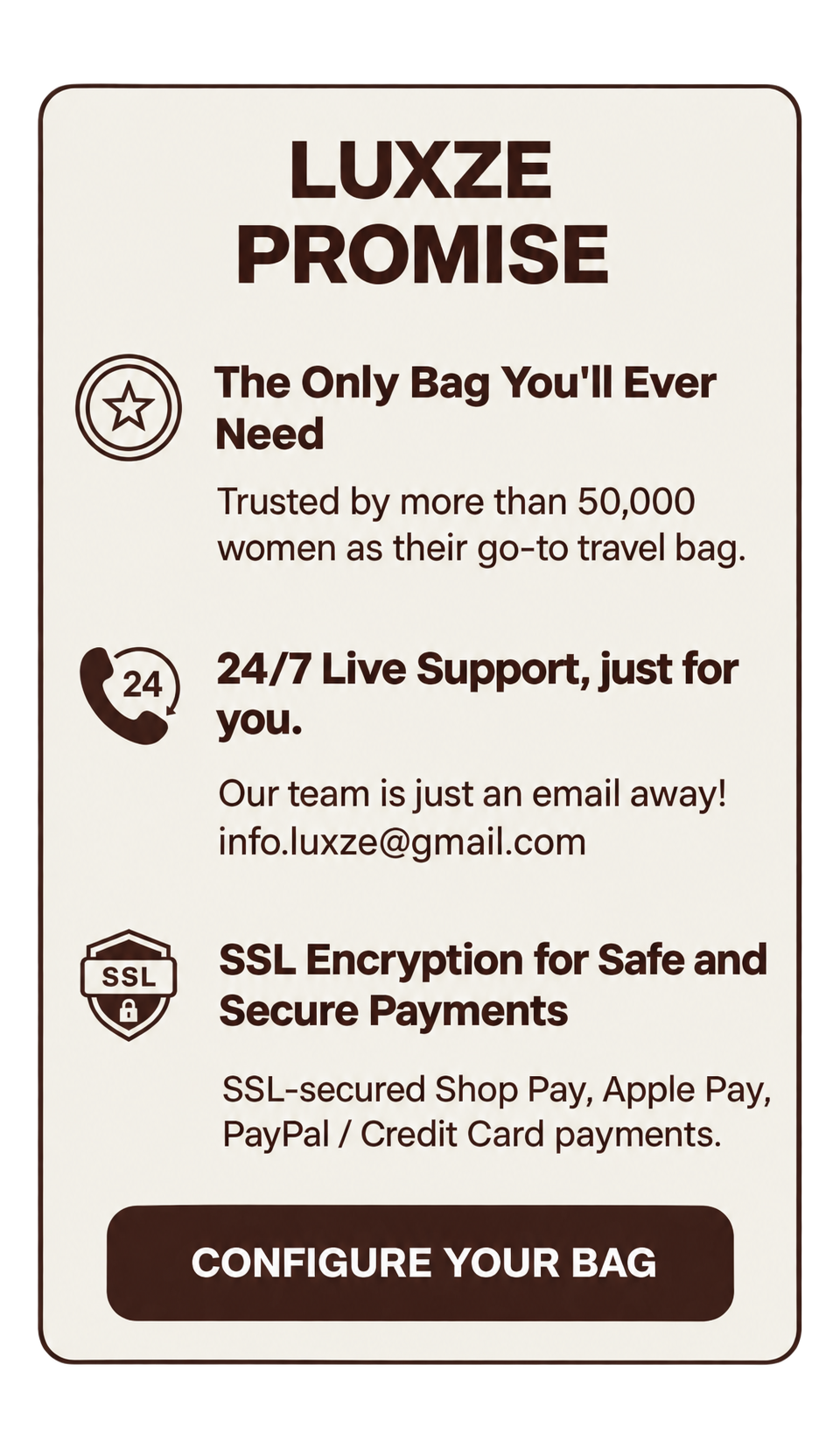 The Luxze promise: support, secure payments and the only travel bag you need